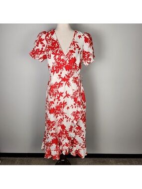 & Other Stories Red White Floral Print Linen Ruffle Midi Wrap Dress (10) #0204